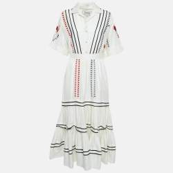 Temperley White Embroidered Cotton Tiered Midi Dress S