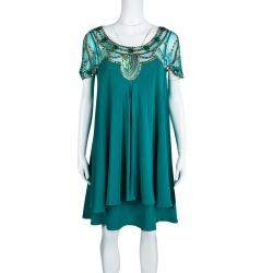 Pre Owned Temperley London Green Layered Silk Embellished Yoke Detail Dress M