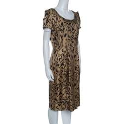Pre Owned Temperley London Brown and Black Printed Silk Short Sleeve Dress M