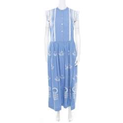 Temperley Blue and White Embroidered Scallop Detail Maxi Dress M