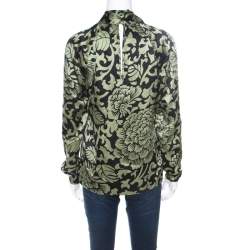 Temperley Black and Green Floral Printed Textured Silk Faux Wrap Front Top M