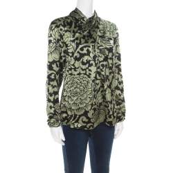 Temperley Black and Green Floral Printed Textured Silk Faux Wrap Front Top M
