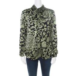 Temperley Black and Green Floral Printed Textured Silk Faux Wrap Front Top M