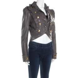 Temperley Grey Leather Ruffle Trim Rock Stud Embellished Cropped Jacket M