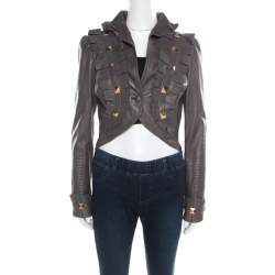 Temperley Grey Leather Ruffle Trim Rock Stud Embellished Cropped Jacket M