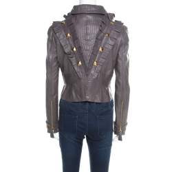 Temperley Grey Leather Ruffle Trim Rock Stud Embellished Cropped Jacket M