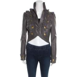 Temperley Grey Leather Ruffle Trim Rock Stud Embellished Cropped Jacket M