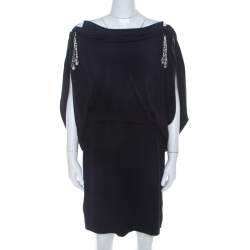 Temperley Navy Blue Silk Cowl Neck Bejeweled Strap Detail Dress L 