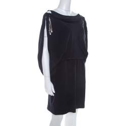Temperley Navy Blue Silk Cowl Neck Bejeweled Strap Detail Dress L 