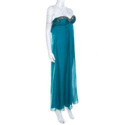 Pre Owned Temperley London Teal Blue Silk Chiffon Strapless Embellished Gown S