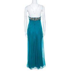 Pre Owned Temperley London Teal Blue Silk Chiffon Strapless Embellished Gown S