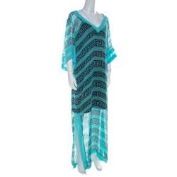 Pre Owned Temperley London Aqua Green Sheer Printed Silk Caesar Maxi Kaftan L