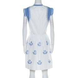 Pre Owned Temperley London White and Blue Embroidered Cotton Scalloped Gilda Dress M
