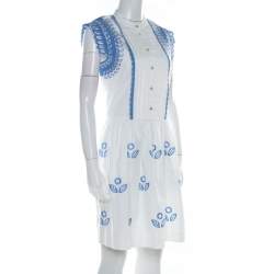 Pre Owned Temperley London White and Blue Embroidered Cotton Scalloped Gilda Dress M