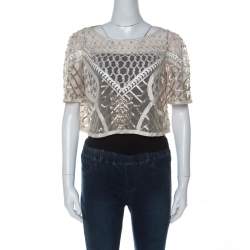 Temperley London Cream Embellished Sand Tulle Crop Top L