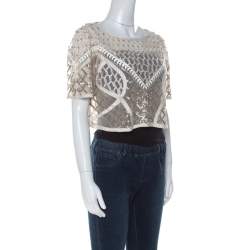 Temperley London Cream Embellished Sand Tulle Crop Top L