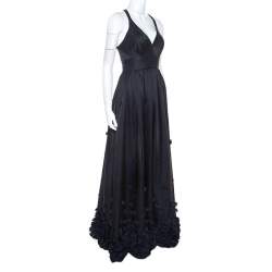Temperley Black & Navy Blue Satin Floral Applique Detail Gown S