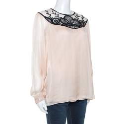 Temperley Pale Pink Chiffon Contrast Embroidery Detail Blouse L