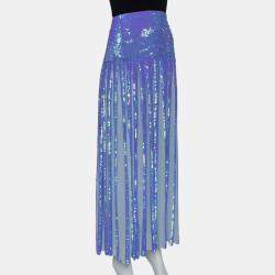 Temperly London Blue Chiffon Sequin Embellished Filigree Maxi Skirt M