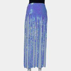Temperly London Blue Chiffon Sequin Embellished Filigree Maxi Skirt M