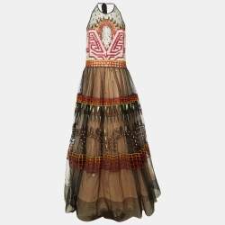 Pre Owned Temperley London Black Maze Embroidered Tulle Halter Neck Dress XL