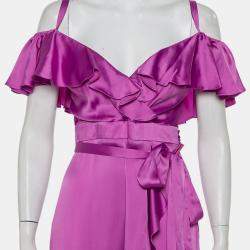 Temperley Purple Satin Ruffled Cold Shoulder Belted Faux Wrap Midi Dress M