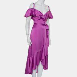 Temperley Purple Satin Ruffled Cold Shoulder Belted Faux Wrap Midi Dress M