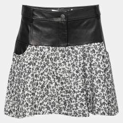 Thakoon Addition Black Leather Yoke and Jacquard Floral Pattern Skirt M 