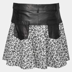 Thakoon Addition Black Leather Yoke and Jacquard Floral Pattern Skirt M 