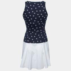 Thakoon Addition Navy Blue and White Polka Dot Cotton Sleeveless Flared Dress XS
