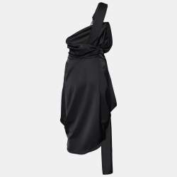 Pre Owned The Attico Black Sateen Draped Clasp Detail One Shoulder Dress S
