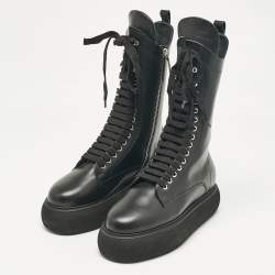 Pre Owned The Attico Black Leather Zip Up Knee Length Boots Size 39