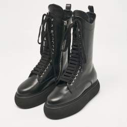 The Attico Black Leather Lace Up Mid Calf Boots Size Size 37