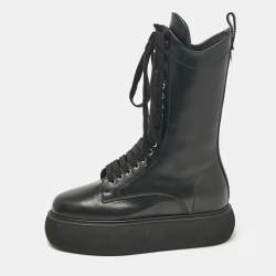The Attico Black Leather Lace Up Mid Calf Boots Size Size 37