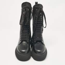 The Attico Black Leather Lace Up Mid Calf Boots Size Size 37