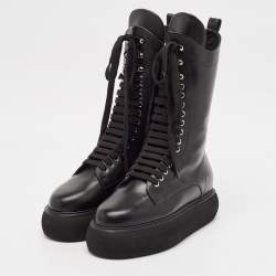 Pre Owned The Attico Black Leather Zip Up  Knee Length Boots Size 39