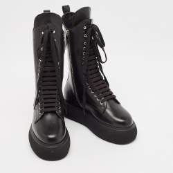 Pre Owned The Attico Black Leather Zip Up  Knee Length Boots Size 39