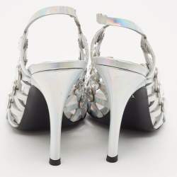 The Attico Silver Iridescent Leather Grid Slingback Pumps Size 37