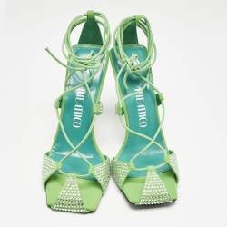 The Attico Neon Green Fabric and Suede Crystal Embellished Adele Sandals Size 40