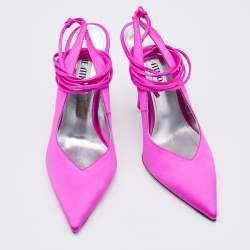 Pre Owned The Attico Neon Pink Satin Venus Ankle Wrap Pointed Toe Pumps Size 39