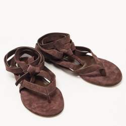 Pre Owned The Attico Brown Suede Ankle Wrap Flat Sandals Size 38