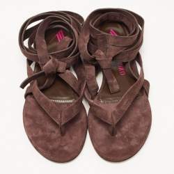 Pre Owned The Attico Brown Suede Ankle Wrap Flat Sandals Size 38