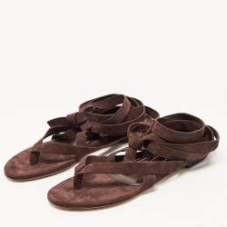Pre Owned The Attico Brown Suede Ankle Wrap Flat Sandals Size 38