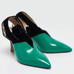 Pre Owned The Attico Green/Black Patent Leather and Velvet Pointed Toe Ankle Wrap Pumps Size 39