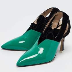 Pre Owned The Attico Green/Black Patent Leather and Velvet Pointed Toe Ankle Wrap Pumps Size 39