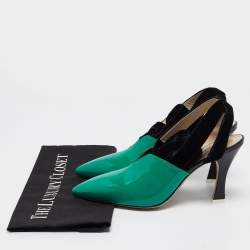 Pre Owned The Attico Green/Black Patent Leather and Velvet Pointed Toe Ankle Wrap Pumps Size 39