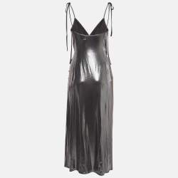 The Attico Metallic Silver Lamé Fan Detail Long Dress XS