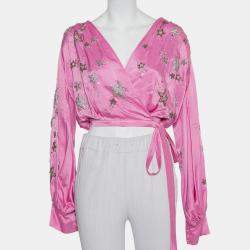 Attico Pink Satin Bead Embellished Wrap Blouse S
