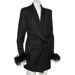 Pre Owned The Attico Black Wool & Feather Trimmed Double Breasted Dress S