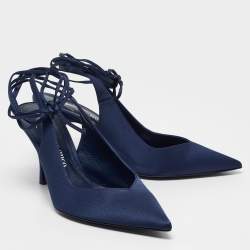 Pre Owned The Attico Navy Blue Satin Venus Ankle Tie Pumps Size 39.5